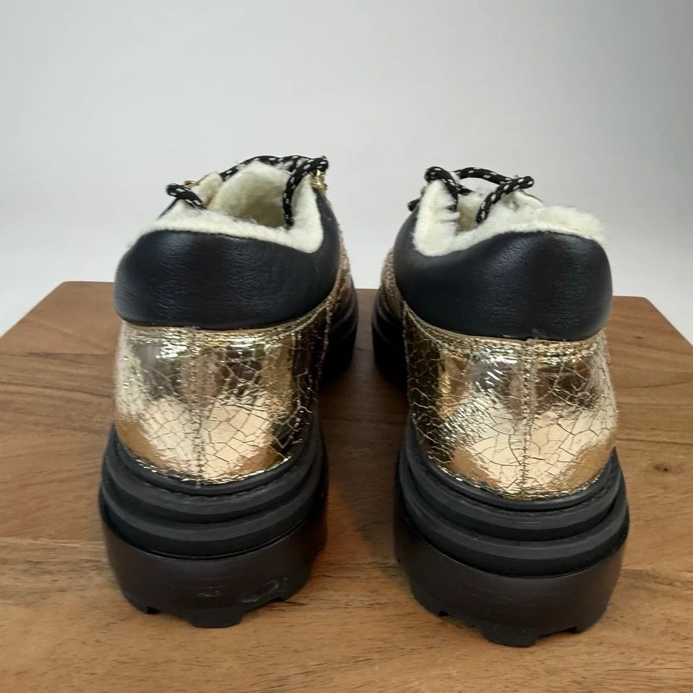 New Womens‎ Schutz Lucille Gold Metallic Leather Lace Up Platform Shoes Size 9.5